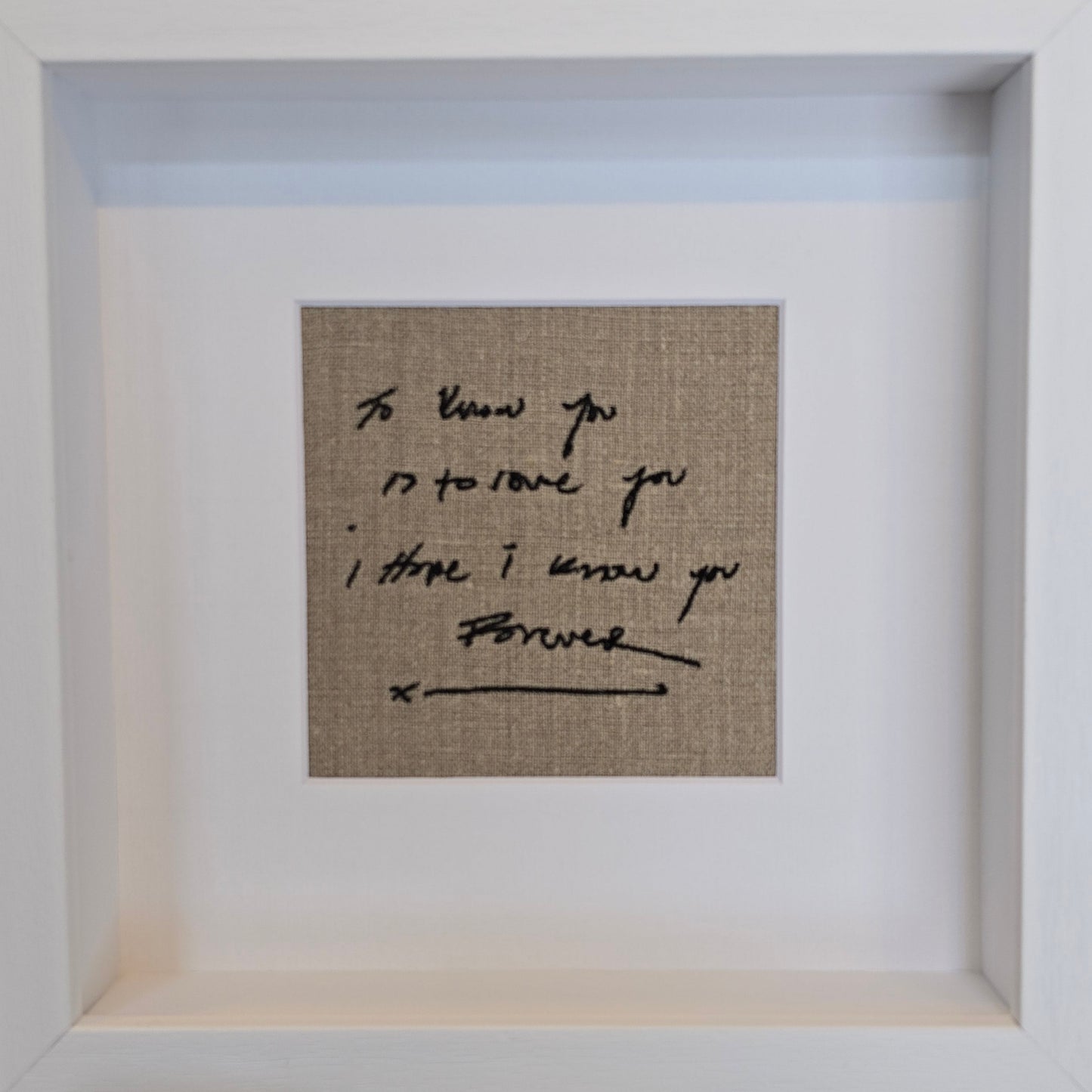 Framed embroidered handwriting stitched on Irish Linen, available from Made in Crecora