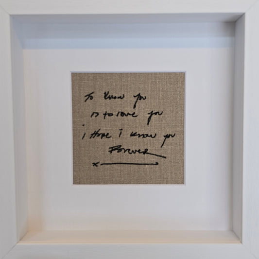 Framed embroidered handwriting stitched on Irish Linen, available from Made in Crecora