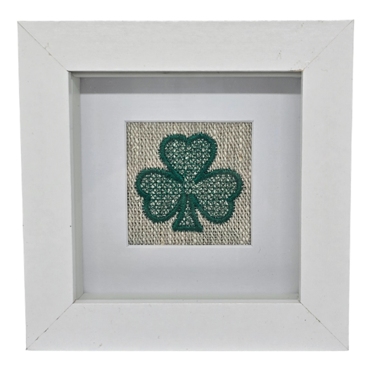 Small framed shamrock on natural linen